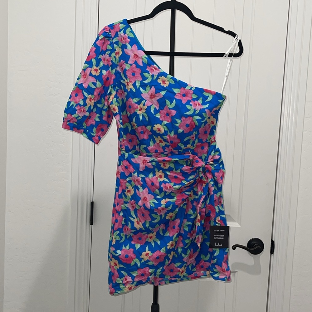 LULUS Thoroughly Sweet Blue Floral Print One-Shoulder Mini Dress Pink Blue Sz M - Picture 3 of 13
